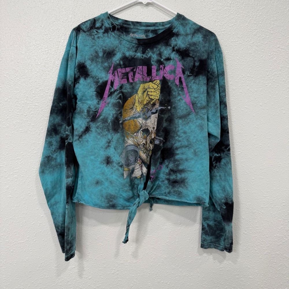 Metallica Tie Dye Cropped Long Sleeve Shirt Knot Front Band‎ Merch Women M